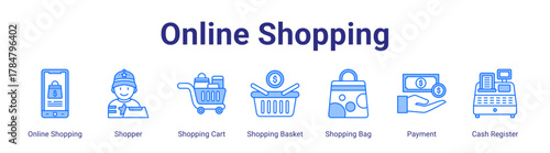 Online Shopping web icon vector illustration concept with icon of Online Shopping,Shopper,Shopping Cart,Shopping Basket,Shopping Bag,Payment,Cash Register
