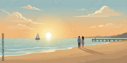 Couple Holding Hands at Sunset Beach with Sailboat