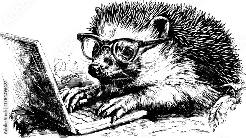 Hedgehog with glasses using a laptop. Vintage illustration featuring a whimsical animal in a detailed vector artwork set.
