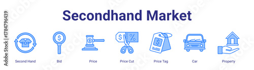 Secondhand Market web icon vector illustration concept with icon of Second Hand,Bid,Price,Price Cut,Price Tag,Car,Property
