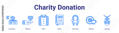 Charity Donation web icon vector illustration concept with icon of Donation,Charity,Shirt,Book,Armchair,Dishes,Jewelry