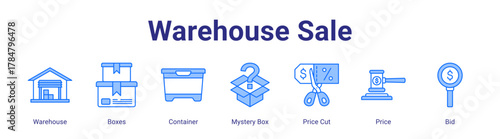 Warehouse Sale web icon vector illustration concept with icon of Warehouse,Boxes,Container,Mystery Box,Price Cut,Price,Bid