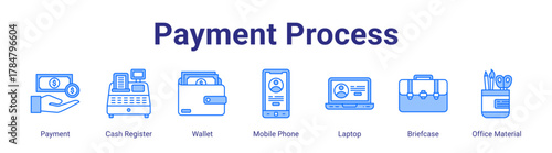 Payment Process web icon vector illustration concept with icon of Payment,Cash Register,Wallet,Mobile Phone,Laptop,Briefcase,Office Material