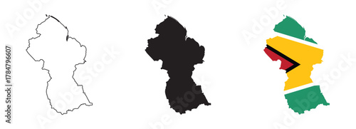Foto Guyana map vector with editable country outline black silhouette and national fl
