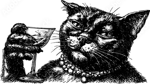 A chic black cat holding a glass in an elegant pose. This vintage vector illustration captures the sophisticated expression in detailed artwork.