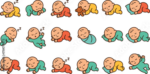Cute sleeping baby cartoon characters in pajamas and swaddles in different poses vector illustration