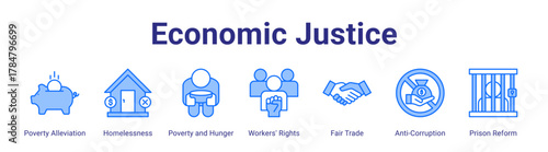 Economic Justice web icon vector illustration concept with icon of Poverty Alleviation,Homelessness,Poverty and Hunger,Workers' Rights,Fair Trade,Anti-Corruption,Prison Reform