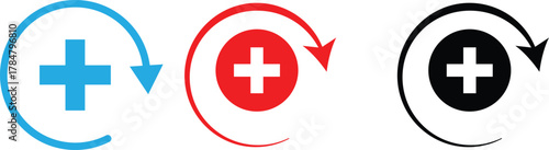 Health recovery icon set. Medical plus signs with upward arrow sign. Medical and Healthcare Symbols. refresh symbol
