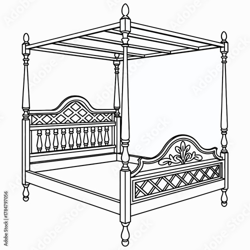 Elegant Four Poster Bed Illustration with Intricate Woodwork and Classic Design for Bedroom Interior Decor Concepts