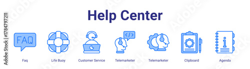 Help Center web icon vector illustration concept with icon of Faq,Life Buoy,Customer Service,Telemarketer,Telemarketer,Clipboard,Agenda
