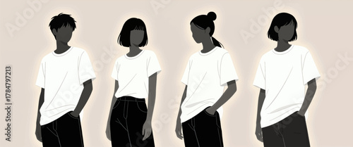 Four diverse individuals in minimalist white tees standing casually