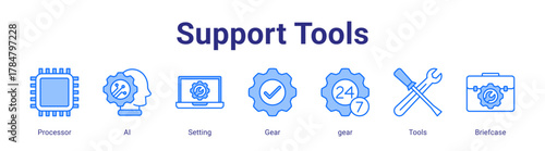 Support Tools web icon vector illustration concept with icon of Processor,AI,Setting,Gear,gear,Tools,Briefcase
