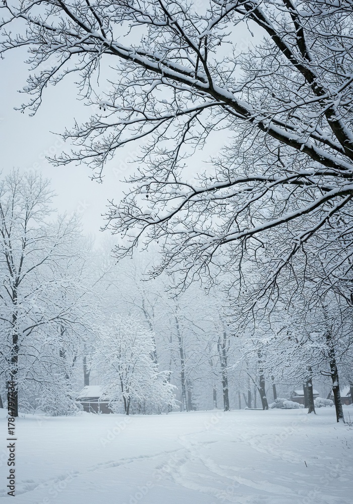Obraz premium A tranquil, muted winter scene featuring freshly fallen snow covering bare branches and a serene, silent landscape under a soft light ,dormant ,still life ,snow