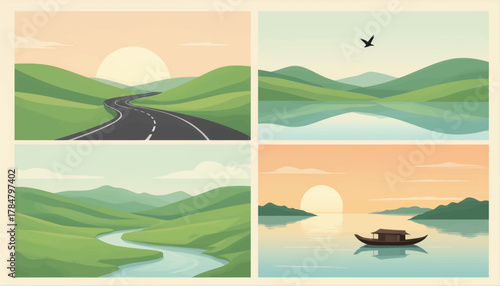 Four serene landscape illustrations featuring roads rivers boats and birds