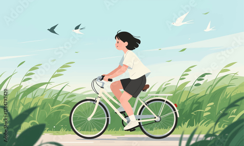 Girl riding bicycle through green grass with flying birds