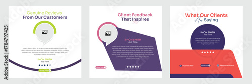 Modern client testimonial bundle with feedback design layouts and rating showcase.