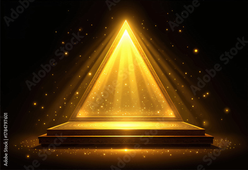 Golden Illuminated Pyramid Stage with Radiant Light Effects