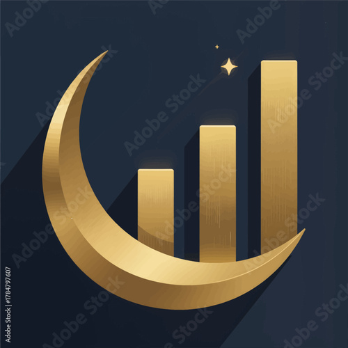 Golden crescent moon with ascending bar chart and stars