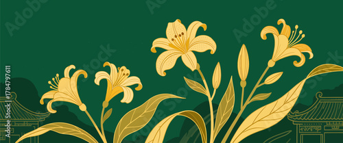 Golden lilies bloom gracefully against deep green backdrop