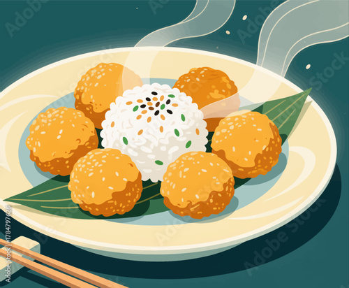 Golden Sesame Balls with Steamed Rice on Leaf Plate