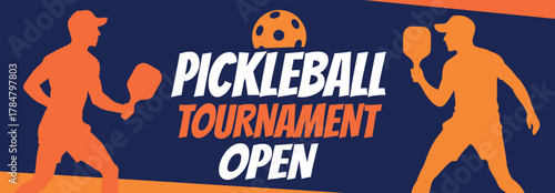 A vibrant vector banner for the Open Pickleball Tournament. Dynamic silhouettes of male players, orange, blue colors create a modern, scalable design. For advertising, pickleball clubs, competitions