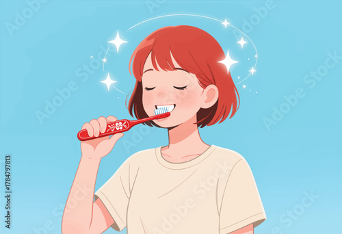Happy girl brushing teeth with sparkling clean smile