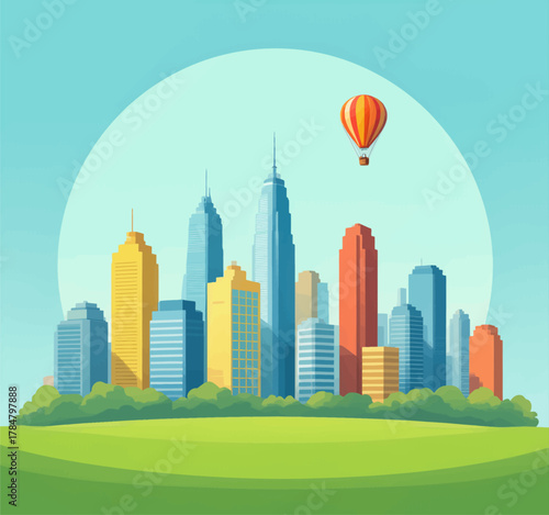 Hot Air Balloon Soaring Over Modern Cityscape