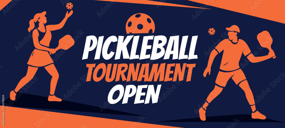 Naklejka premium A vibrant vector banner for the Open Pickleball Tournament. Dynamic player silhouettes, orange, blue colors create a modern, scalable design. For advertising, pickleball club, posters, competitions