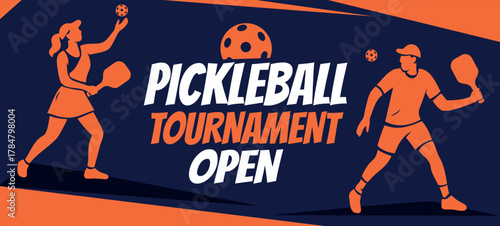 A vibrant vector banner for the Open Pickleball Tournament. Dynamic player silhouettes, orange, blue colors create a modern, scalable design. For advertising, pickleball club, posters, competitions