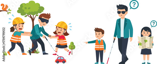 Blind man assisted by children, disability awareness, helping the visually impaired, community care, teamwork, compassion, kindness, outdoor safety, social inclusion