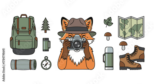 A charming fox dressed as an explorer, taking a photo with a vintage camera, surrounded by hiking gear.