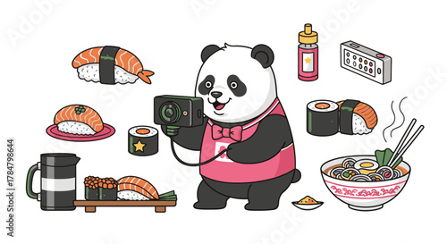 A panda photographer is taking pictures of various sushi and ramen dishes, a culinary scene.