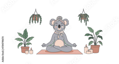 A cute cartoon koala bear meditating in a lotus yoga pose surrounded by house plants and candles.