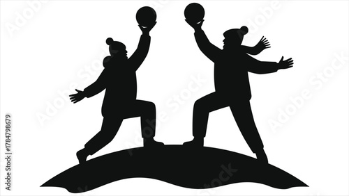 Silhouette Vector of Two Kids Playing with Snowballs in Winter, Children Having Fun Outdoors in Cold Weather, Winter Activity Illustration, Snowball Fight Graphic, Holiday or Seasonal Design Element