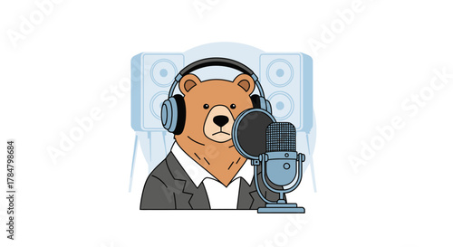 A cartoon bear wearing headphones and a suit, speaking into a studio microphone with speakers in the background, representing podcasting or audio recording.