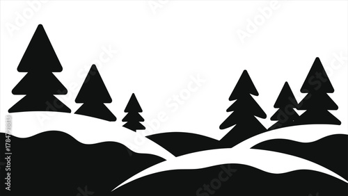 Minimalist Winter Landscape Vector with Snowy Hills and Pine Tree Silhouettes, Black and White Forest Scene Background for Christmas, Holiday Cards, Posters, Seasonal Art or Decoration Design
