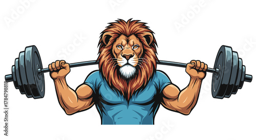 An illustrated muscular lion with a large mane lifting a heavy barbell while wearing a blue shirt.