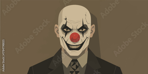 Menacing Clown in Suit with Red Nose and Sharp Smile