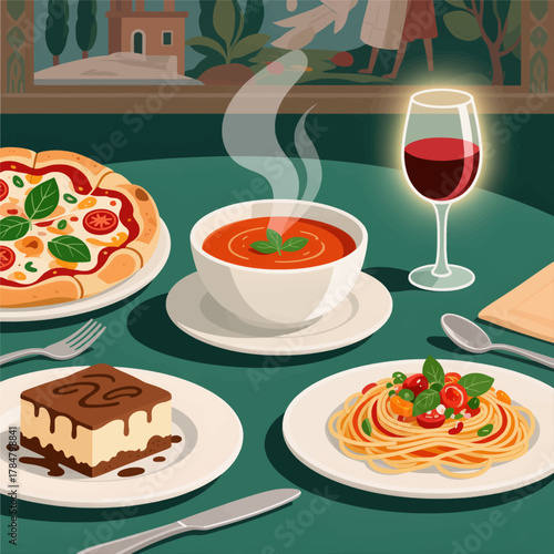 Italian Dinner Spread with Pasta Pizza Soup and Wine