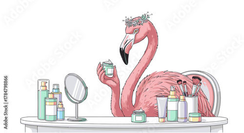 A flamingo wearing a floral crown, applying cream while surrounded by beauty products.