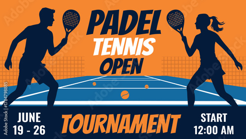 Open padel tennis tournament, rackets, flying balls, tennis court. Vector illustration of orange silhouettes of a man and woman playing padel tennis. For posters, banners, clubs, events, advertising