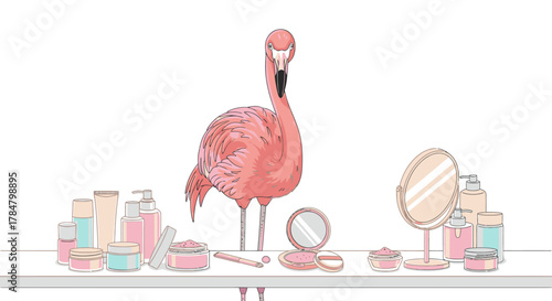 Illustration of a flamingo standing on a shelf with various beauty products.