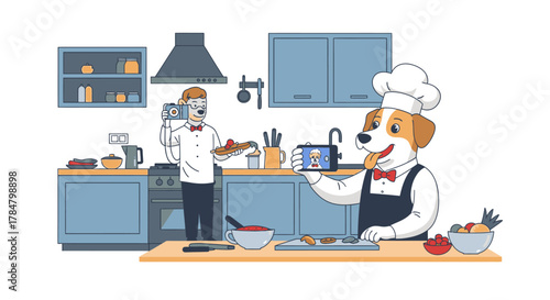 A chef dog and a man filming a cooking demonstration in a modern kitchen.