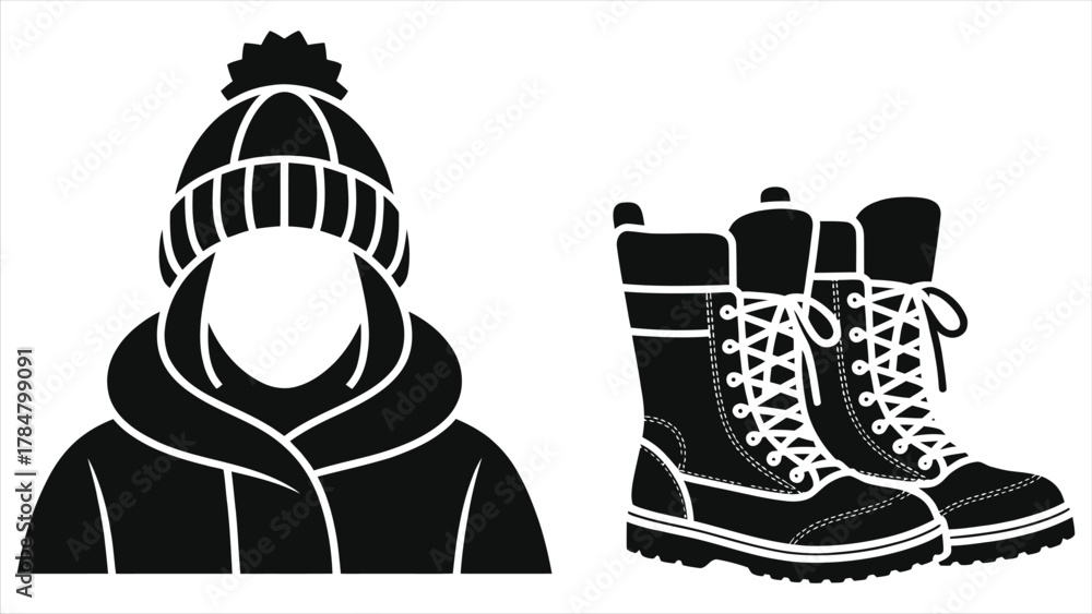 Obraz premium Winter Fashion Essentials Vector: Warm Beanie Hat, Cozy Parka Jacket, and Durable Snow Boots Icon Set. Perfect for Cold Weather Apparel & Outdoor Adventures.