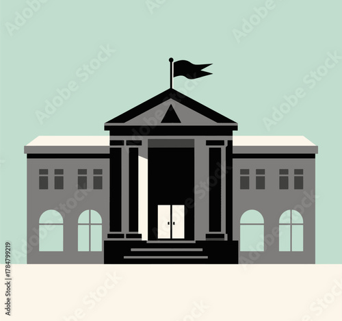 Modern minimalist government building with flagpole