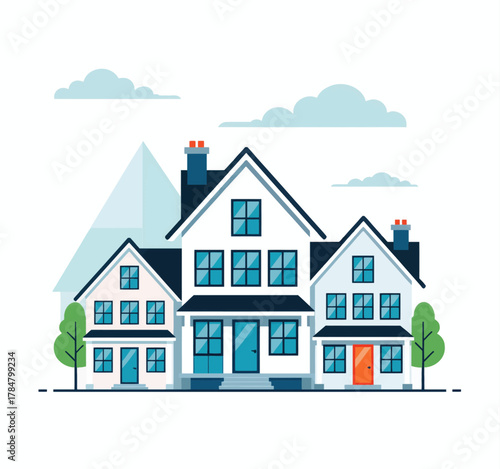 Modern suburban house row with colorful doors and trees