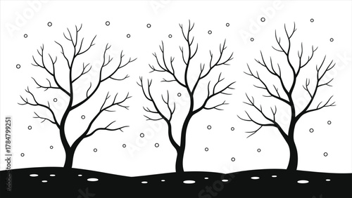Winter landscape vector illustration. Silhouettes of bare trees on a hill with snow. Minimalist black and white graphic design. Spooky forest scene for seasonal backgrounds