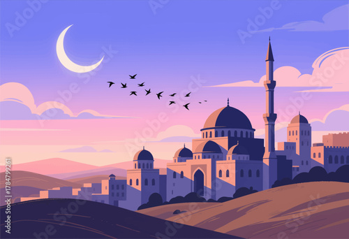 Moonlit mosque with flying birds at twilight