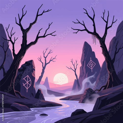 Mystical Purple Sunset Over Ancient Rune Stones And Bare Trees