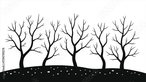  Black and White Vector Silhouette of Bare Winter Trees on Snowy Ground with Falling Snowflakes, Minimalist Seasonal Landscape Illustration